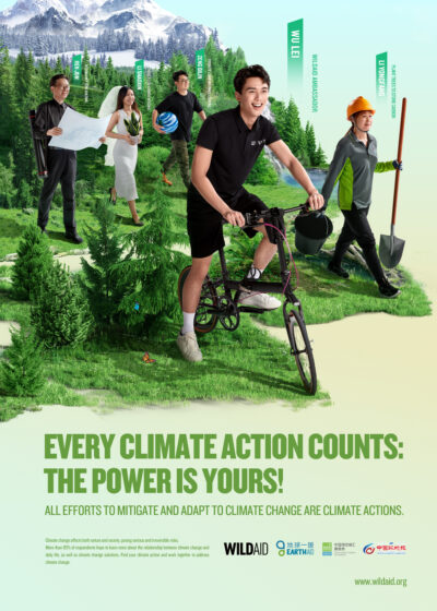 A poster from the Wu Lei climate campaign featuring Wu Lei on a bike followed by people demonstrating climate actions; The text at the bottom reads: Every climate action counts, the power is yours!