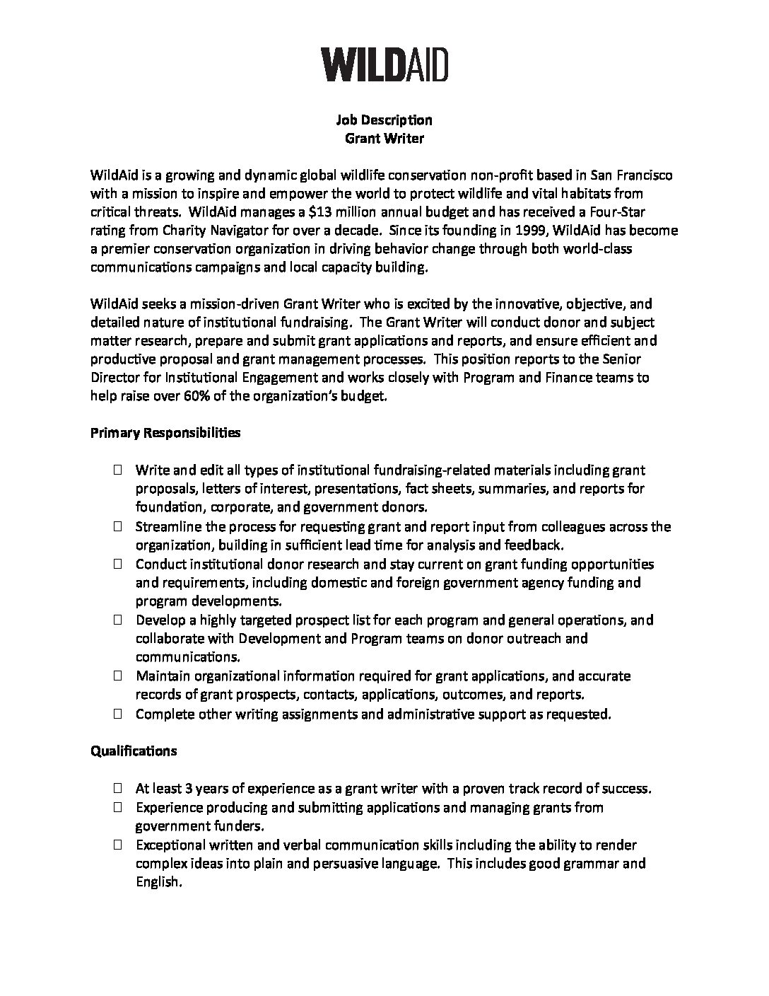 Grant Writer Job Description - WildAid