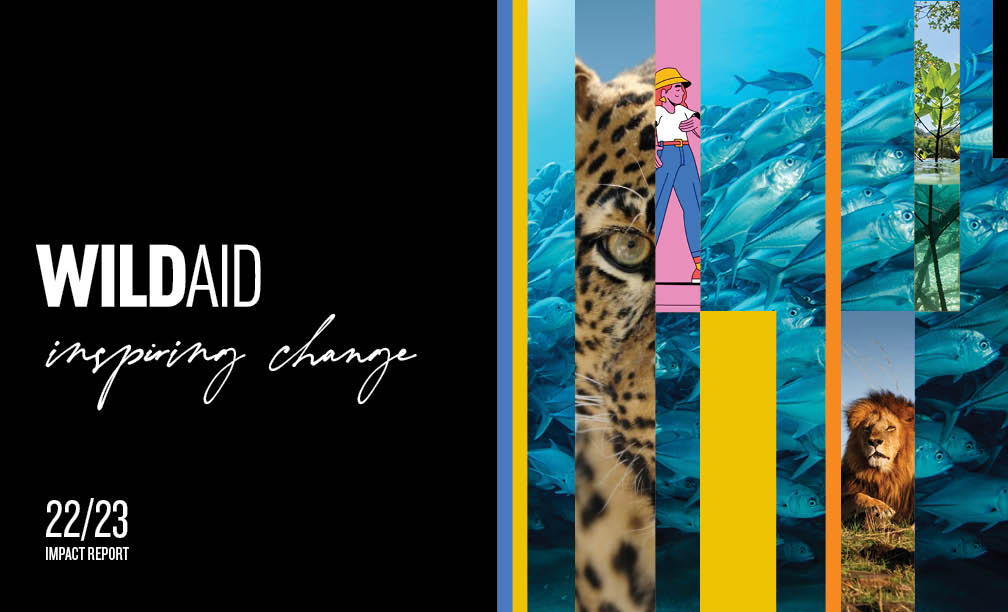 The cover of WildAid's 2022-2023 impact report. There is a collage of various WildAid programs on the right. On the left is WildAid's logo and text reading "inspiring change"