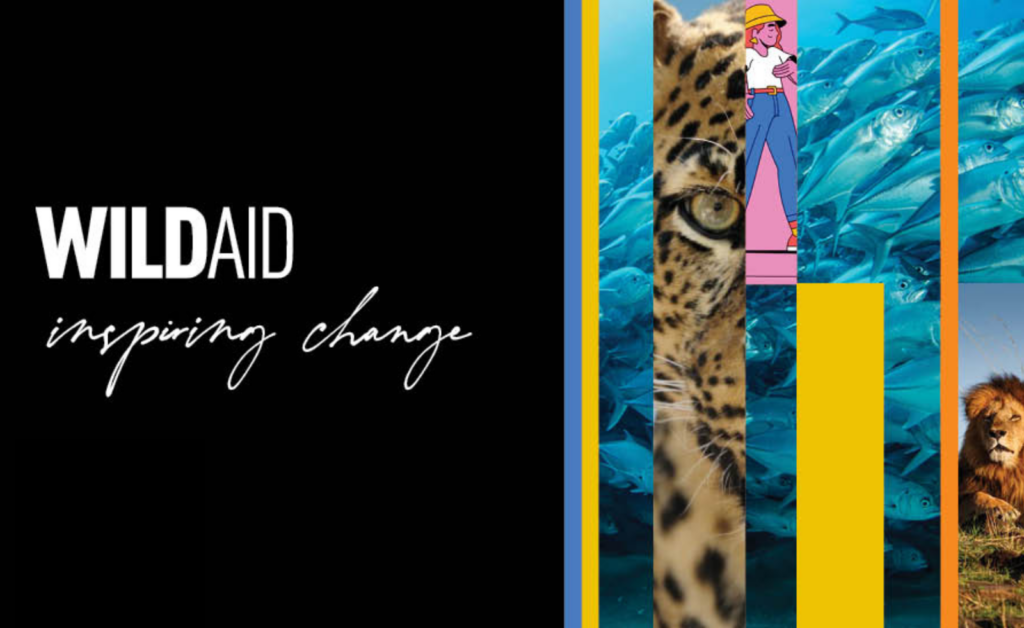 The cover of WildAid's 2022-2023 impact report. There is a collage of various WildAid programs on the right. On the left is WildAid's logo and text reading "inspiring change"