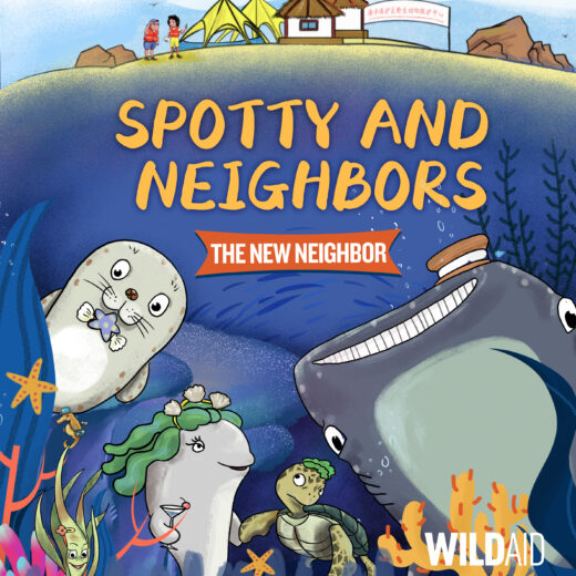 The cover of the comic book "spotty and neighbors" which depicts cartoon marine animals including a spotted seal, a porpoise, a sea turtle, and a whale shark.