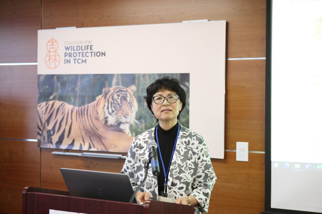 Dr. Lixin Huang stands at a podium at the front of a room as she addresses people during a meeting.