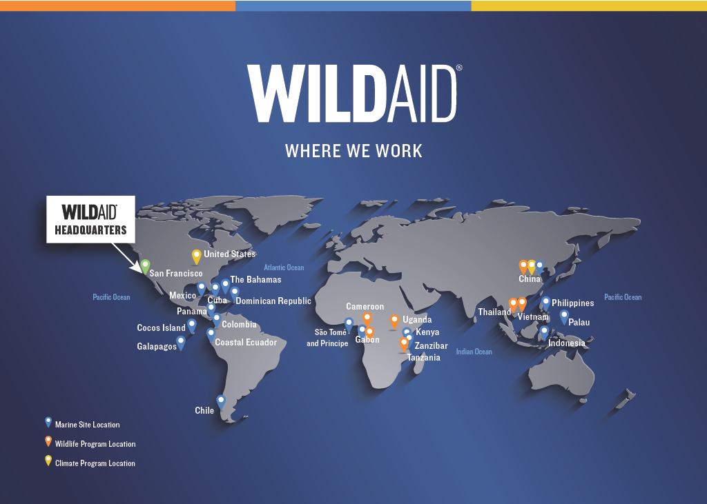 Where WildAid Works - WildAid World map showing WildAid headquarters on the left and program locations worldwide, marked with blue, orange, and yellow pins for Marine, Wildlife, and Climate programs.