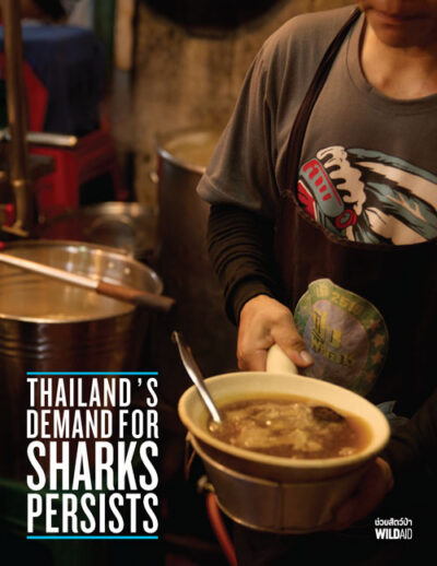 Person in a black apron serving a bowl of hot soup in a kitchen; poster text reads 'Thailand's Demand for Sharks Persists' with a WildAid logo.